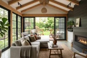 Cozy four-season porch with wood ceiling, large insulated windows, and comfortable seating overlooking a landscaped backyard in a Michigan home.