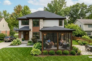 Beautiful screened porch addition with floor-to-ceiling screens, cozy outdoor furniture, and landscaped backyard, providing bug-free outdoor living for a Michigan home.