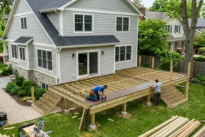 Building a raised backyard deck: Deck builders install composite decking boards over a raised wooden frame, creating a spacious outdoor living area with stairs and multiple access points.