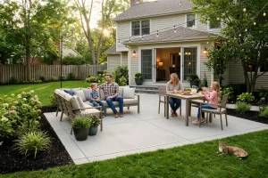 Family relaxing on a new concrete patio with outdoor seating, dining furniture, string lights, and landscaped garden beds.