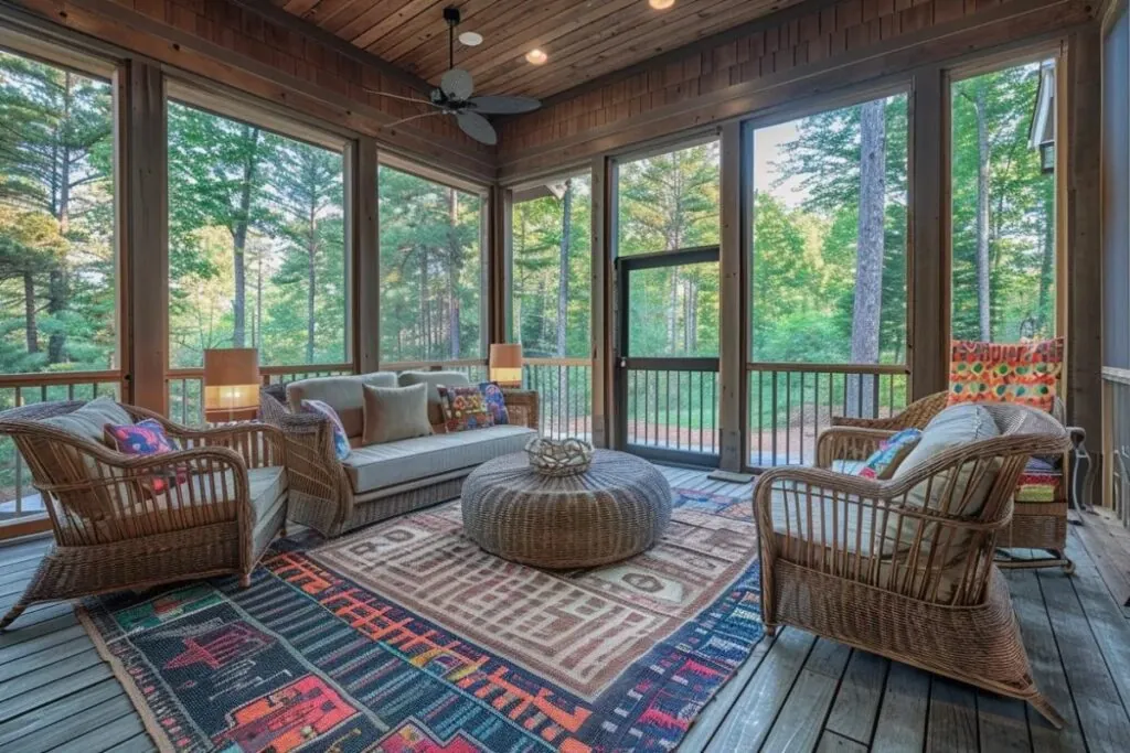 an enclosed porch with carpet and rattan furniture