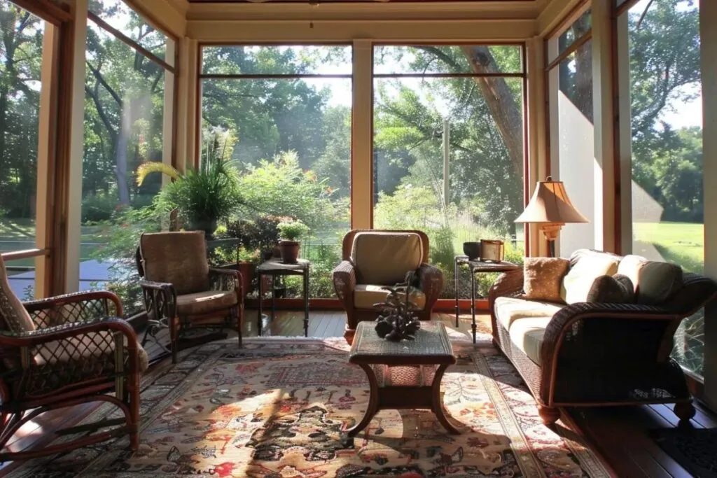 porch enclosed with glass wall complete with furniture