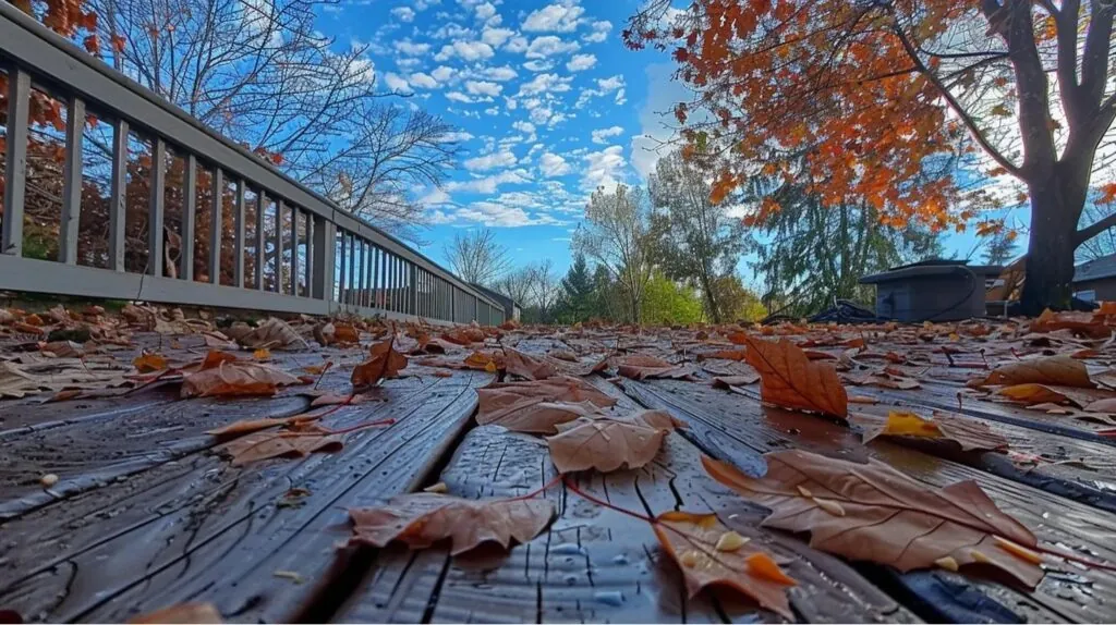 a wooden deck covered in a thick layer of freshly fallen leaves contrasting against the bright blue sky.