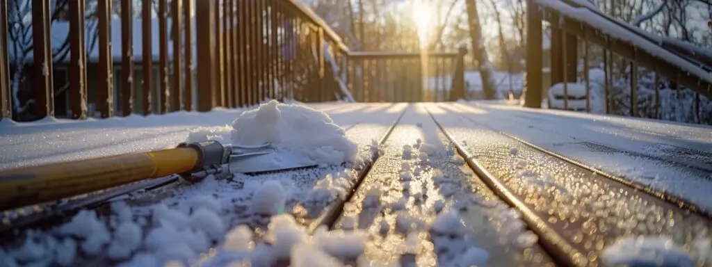 a snow-covered michigan deck, with a plastic shovel clearing the surface and a water-repellent sealant being applied to protect against the cold weather.