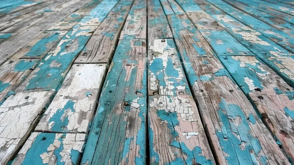 a weather-beaten wooden deck with peeling paint and splintered boards under summer season