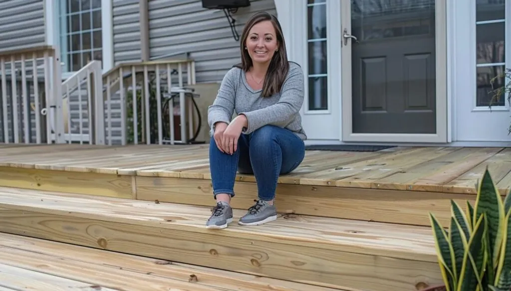 a happy homeowner sitting on a porch made out pressure-treated wood