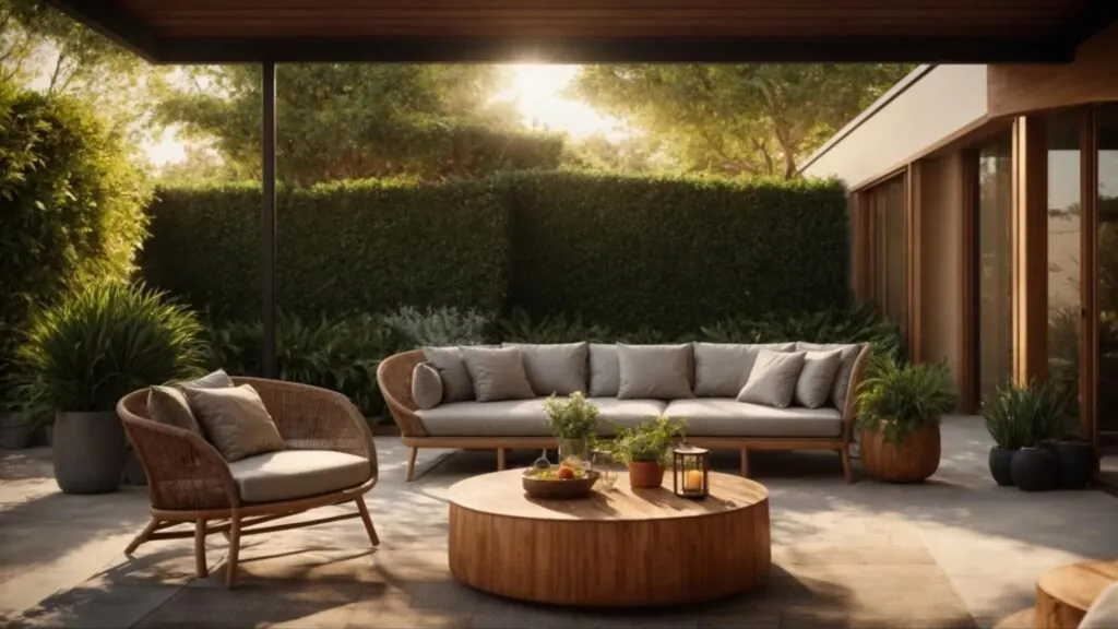 a beautifully designed outdoor concrete slab patio, featuring elegant furniture and lush greenery, bathed in warm, golden sunlight, represents the ideal collaboration between craftsmanship and nature