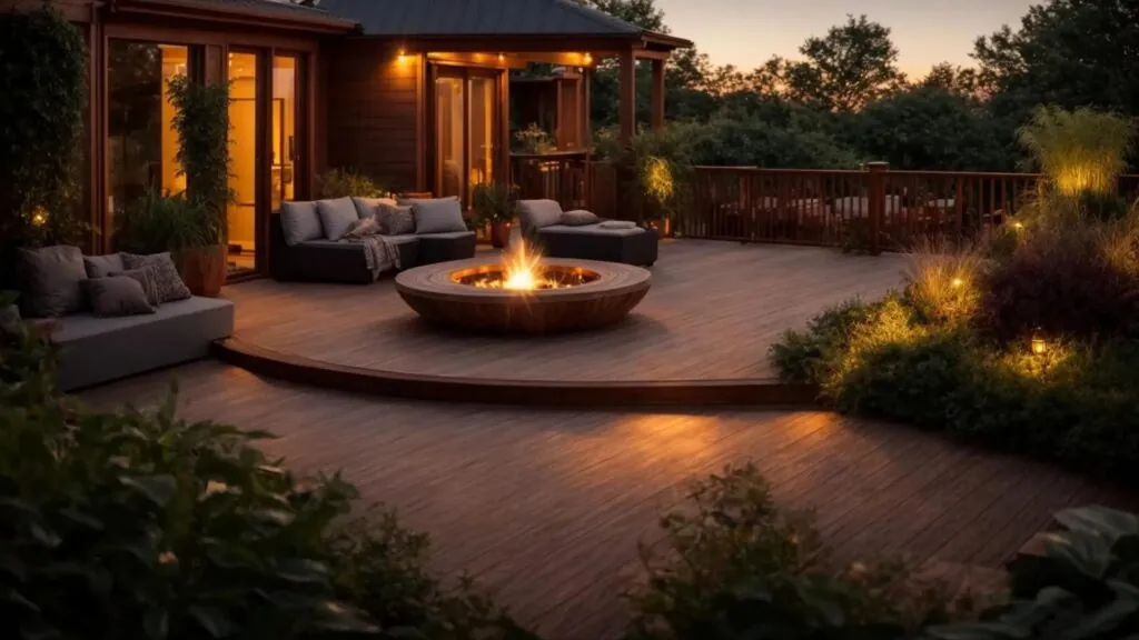 a stunning outdoor space showcases a beautifully crafted deck and patio with outdoor fireplace, illuminated by the warm glow of a sunset, inviting relaxation and connection with nature