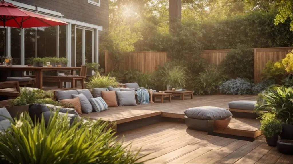 a sun-drenched backyard oasis showcases a beautifully crafted wooden deck adorned with vibrant potted plants, inviting outdoor furniture, and a well-maintained patio area, epitomizing the perfect harmony of landscape design