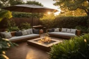 an inviting outdoor space showcases a beautifully designed deck and patio, bathed in warm golden hour light, with lush greenery surrounding the area and elegant furniture inviting relaxation